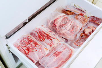 Flat layout of red meat packages in a storage room