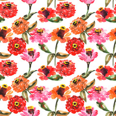 Watercolor seamless pattern with summer flowers zinnia, botanical painting on an isolated white background, hand drawn, stock illustration.