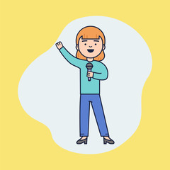 Concept Of Music Concert Or Lesson. Girl Sings With A Microphone. Cheerful Woman Sing The Song. Young Vocalist Giving a Concert or Take A Vocal Lesson. Cartoon Linear Outline Flat Vector Illustration