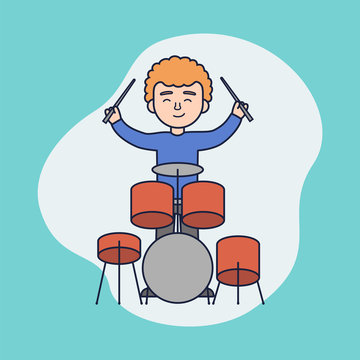 Concept Of Music Concert Or Lesson. Boy Play Drums. Cheerful Man Is Playing The Percussion. Young Musician Giving a Concert or Take A Music Lesson. Cartoon Linear Outline Flat Vector Illustration