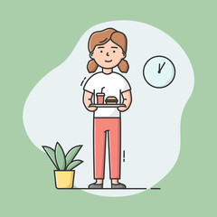 Cheat Meal And Healthy Lifestyle Concept. Woman Holds A Tray Of Fast Food Meal. Female Character Is Cheating On Her Diet, Eating Unhealthy Food. Cartoon Linear Outline Flat Style. Vector Illustration