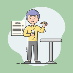 Cheat Meal, Healthy Lifestyle Concept. Man Is Eating Piece Of Pizza Washing Down By Soda. Boy Is Cheating On His Diet, Eating Unhealthy Fast Food Meal. Cartoon Linear Outline Flat Vector Illustration