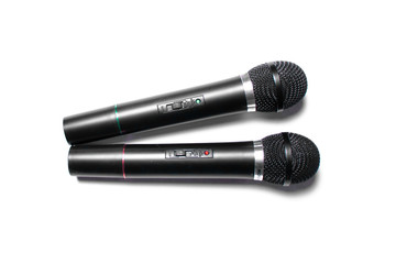 Two black karaoke radio microphone isolate