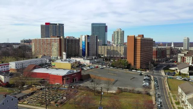Descending Crane Shot of Downtown New Brunswick Skyline