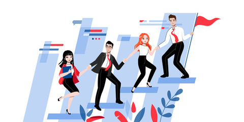 Teamwork Concept. Group Of Business People Work Together Towards a Common Point of Success. Cheerful Business Men and Women Go Together To The Goal. Cartoon Linear Outline Flat Vector Illustration