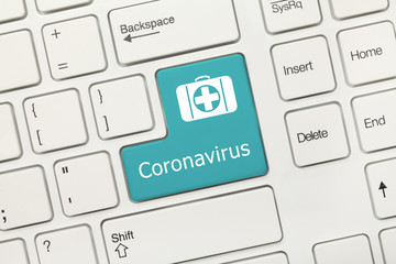 White conceptual keyboard - Coronavirus (blue key with medical bag symbol)