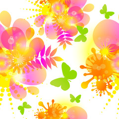 Multicolored seamless background of flowers with butterflies. Vector illustration