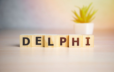 DELPHI word on wooden block, tag cloud, graphics - programming concept.