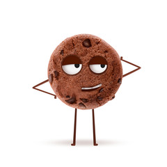 Flirty chocolate cookie with languid face on white background