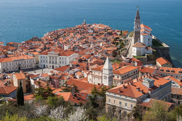 Scenic view of seaside town of Piran in spring, Slovenia