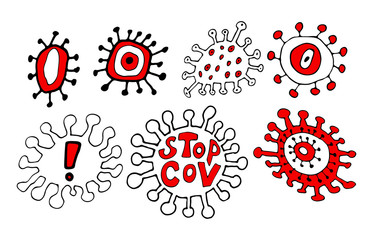 Medical concept with dangerous cells. Coronavirus outbreak vector illustration. Coronavirus danger and public health risk disease. Black and white line art sign.