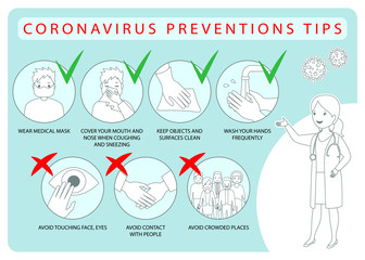 Сoronavirus precautions Infographics, washing hand, avoid touching eyes, wear face mask and avoid crowded places. Vectors illustration in flat design