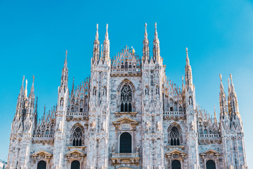 Facade of Milan Cathedral, Duomo di Milano in clear and sunny day