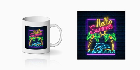 Neon happy summer print with palms, sun, island, dolphins in ocean and text for cup design. Shiny summertime symbol, design, banner in neon style on mug mockup. Vector shiny design element