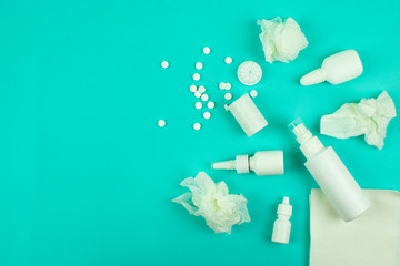 pills and medicines on a blue background, concept of medicine and healthcare health and treatment,...