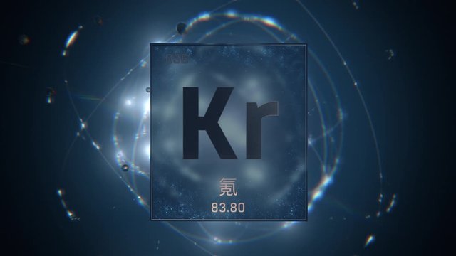 Krypton as Element 36 of the Periodic Table. Seamlessly looping 3D animation on blue illuminated atom design background orbiting electrons name, atomic weight element number in Chinese language