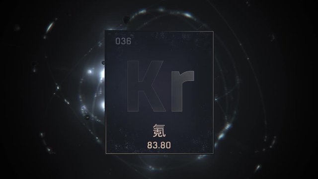 Krypton as Element 36 of the Periodic Table. Seamlessly looping 3D animation on silver illuminated atom design background orbiting electrons name, atomic weight element number in Chinese language