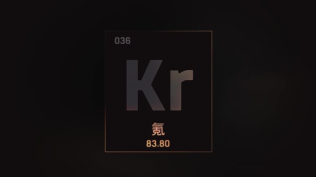 Krypton as Element 36 of the Periodic Table. Seamlessly looping 3D animation on grey illuminated atom design background orbiting electrons name, atomic weight element number in Chinese language