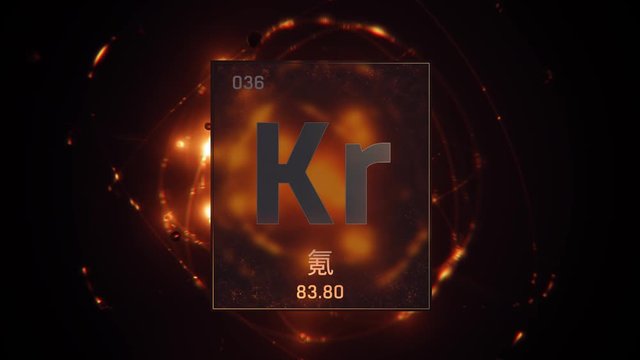 Krypton as Element 36 of the Periodic Table. Seamlessly looping 3D animation on orange illuminated atom design background orbiting electrons name, atomic weight element number in Chinese language