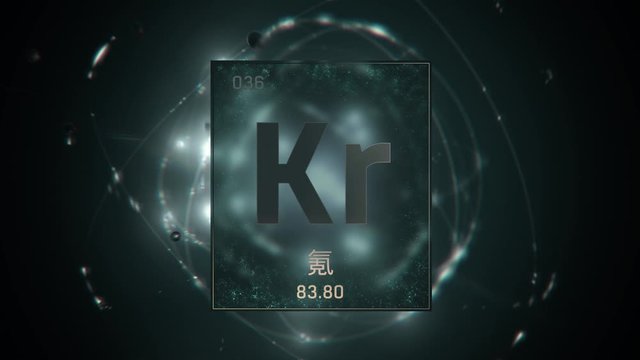 Krypton as Element 36 of the Periodic Table. Seamlessly looping 3D animation on grey illuminated atom design background orbiting electrons name, atomic weight element number in Chinese language
