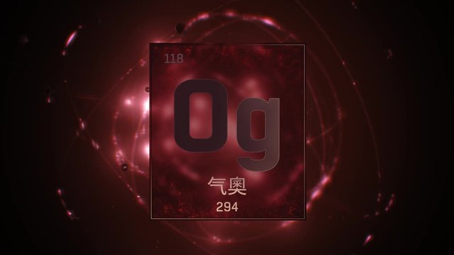 Oganesson as Element 118 of the Periodic Table. Seamlessly looping 3D animation on red illuminated atom design background orbiting electrons name, atomic weight element number in Chinese language
