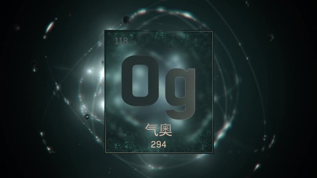 Oganesson as Element 118 of the Periodic Table. Seamlessly looping 3D animation on green illuminated atom design background orbiting electrons name, atomic weight element number in Chinese language