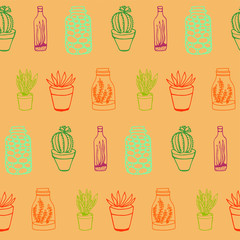 Vector drawing modern illustration with home plants and decorative interior elments. Seamless colourfull pattern for background,textile, wrap paper, cards, banner design.