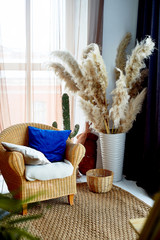 Fototapeta na wymiar A chair and a rug made of rattan. Natural material. Pampas grass in a vase. Eco design.