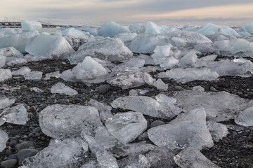 Icebergs on the black sand beach at Jokulsarlon, Iceland