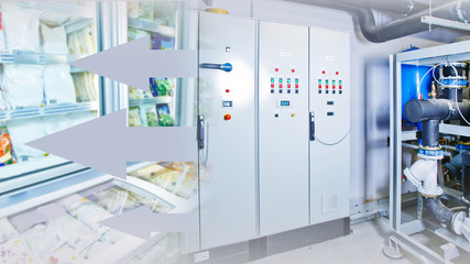 Control panel for refrigeration equipment. Showcases with chilled food. Cold distribution system. Cabinets for tuning the cooling system. Pain engine from chilled winds. Arrows point towards counters