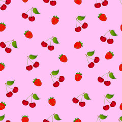 Cherry and strawberries on a pink background