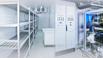 Refrigeration chamber for food storage. Empty freezer. Industrial refrigerator. Freezer with metal...