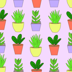 Fototapeta na wymiar House plants in a pot on a violet background seamless pattern. Various plants.