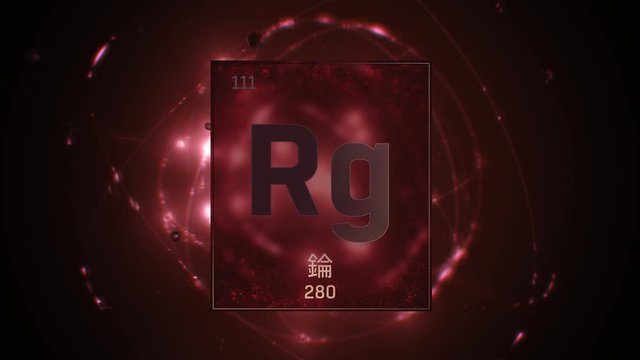 Roentgenium as Element 111 of the Periodic Table. Seamlessly looping 3D animation on red illuminated atom design background orbiting electrons name, atomic weight element number in Chinese language