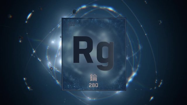 Roentgenium as Element 111 of the Periodic Table. Seamlessly looping 3D animation on blue illuminated atom design background orbiting electrons name, atomic weight element number in Chinese language
