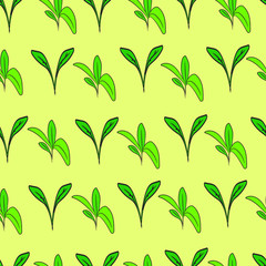 Various sprouts on a yellow background. Small plants, seedlings seamless pattern. For fabric, print, wallpaper, site.