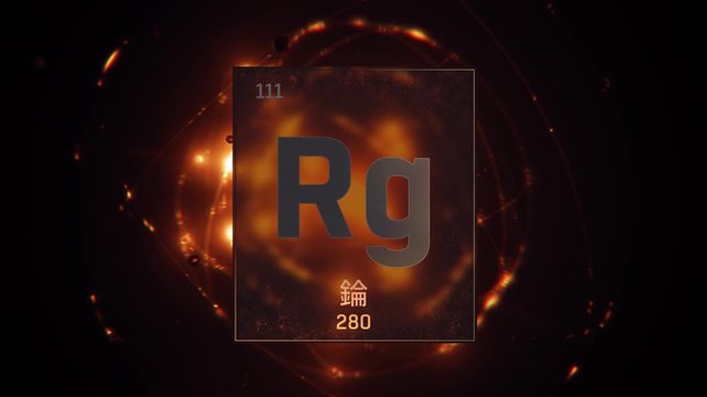 Roentgenium as Element 111 of the Periodic Table. Seamlessly looping 3D animation on orange illuminated atom design background orbiting electrons name, atomic weight element number in Chinese language