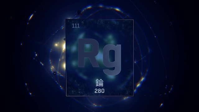 Roentgenium as Element 111 of the Periodic Table. Seamlessly looping 3D animation on blue illuminated atom design background orbiting electrons name, atomic weight element number in Chinese language