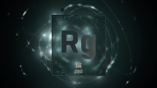 Roentgenium as Element 111 of the Periodic Table. Seamlessly looping 3D animation on green illuminated atom design background orbiting electrons name, atomic weight element number in Chinese language