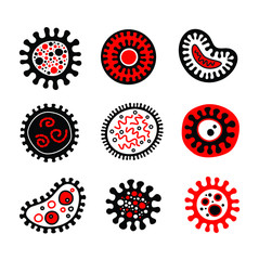 Coronavirus cells set of icons. COVID-19 microscopic cells.