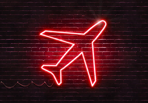 Neon sign on a brick wall in the shape of an airplane (illustration series)
