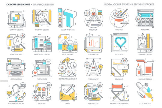 Graphic design related, color line, vector icon, illustration set