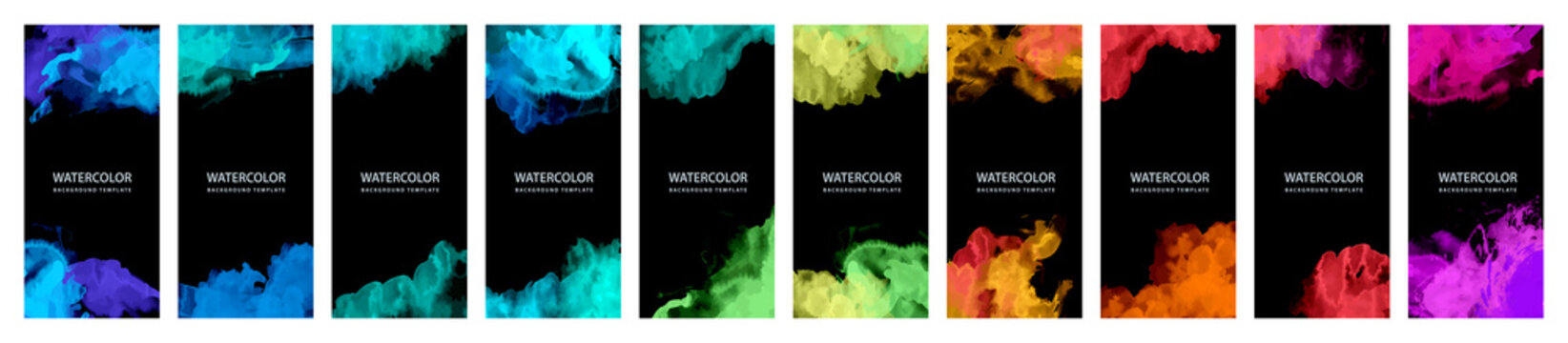 Big set of bright vector colorful watercolor on vertical black background for poster or flyer