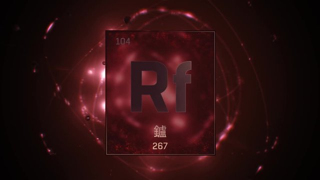 Rutherfordium as Element 104 of the Periodic Table. Seamlessly looping 3D animation on red illuminated atom design background orbiting electrons name, atomic weight element number in Chinese language
