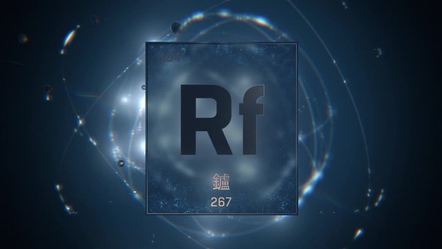 Rutherfordium as Element 104 of the Periodic Table. Seamlessly looping 3D animation on blue illuminated atom design background orbiting electrons name, atomic weight element number in Chinese language