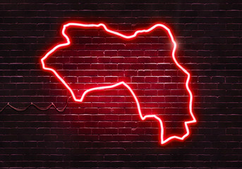 Neon sign on a brick wall in the shape of Guinea.(illustration series)