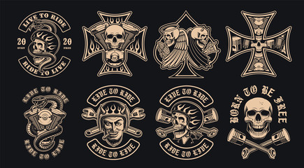 Set of black and white biker emblems on a dark background.