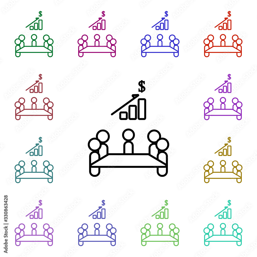 Poster discussion of financial indicators multi color style icon. simple thin line, outline vector of confe