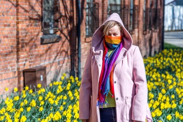 Allergy. Young woman wearing protective mask from pollen allergy, coronavirus