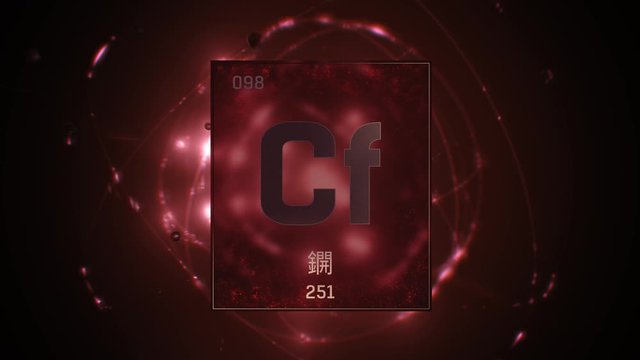 Californium as Element 98 of the Periodic Table. Seamlessly looping 3D animation on red illuminated atom design background orbiting electrons name, atomic weight element number in Chinese language